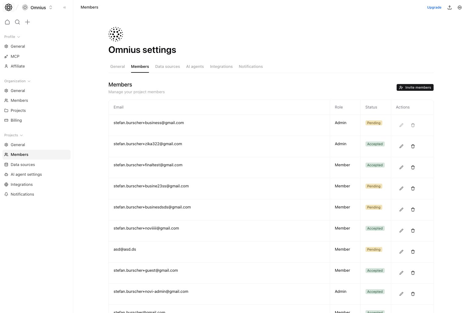 Project members table with invite action and member status badges