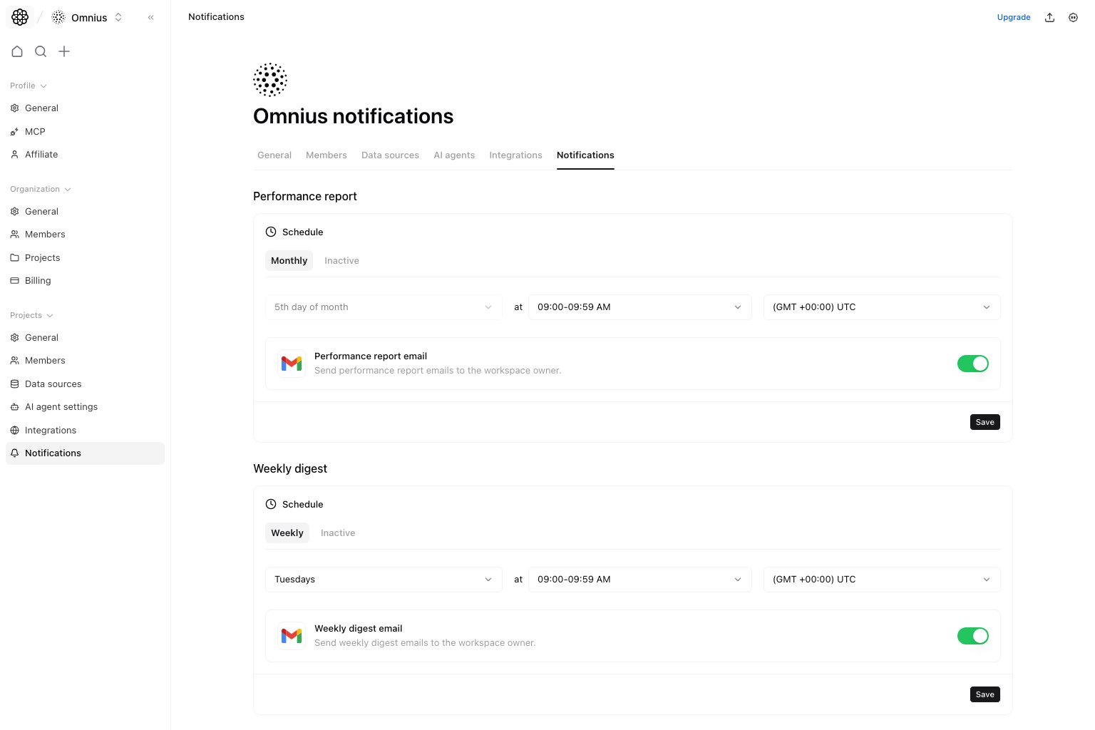 Project notifications page with recurring report and audit schedules