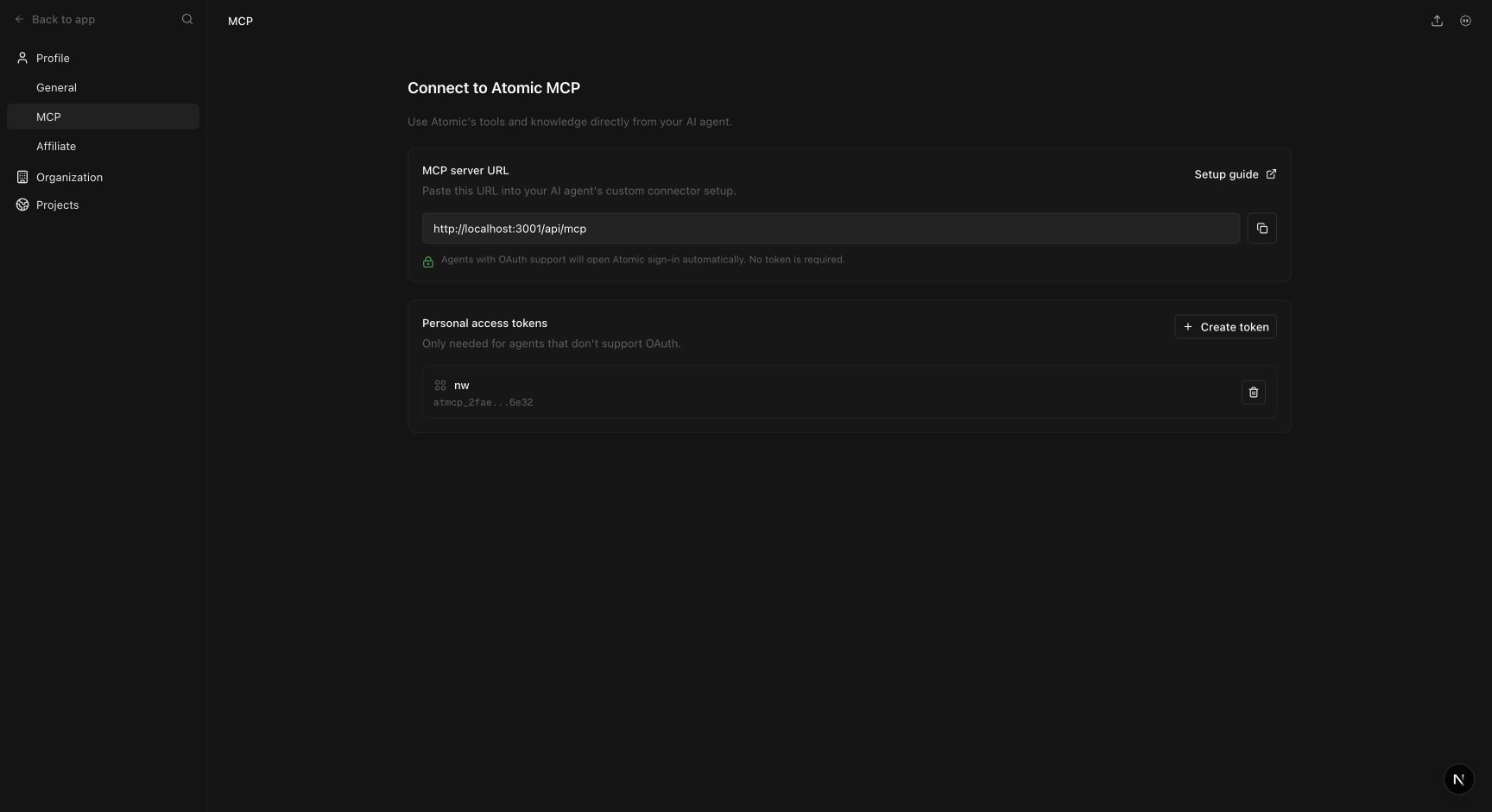 Profile MCP settings showing the required MCP server URL with personal access tokens as an optional fallback