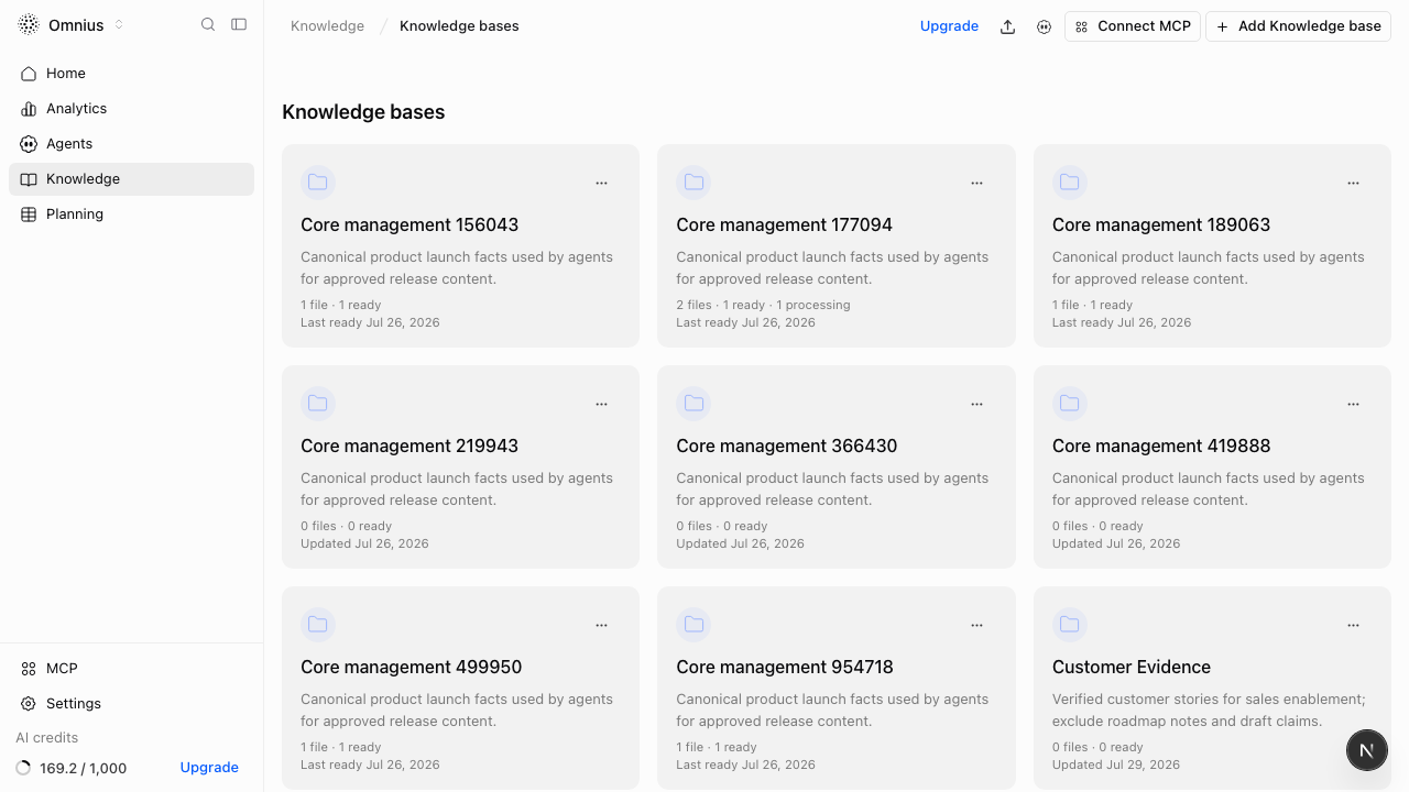 Project Knowledge page with knowledge bases, folders, concepts, and markdown detail panel