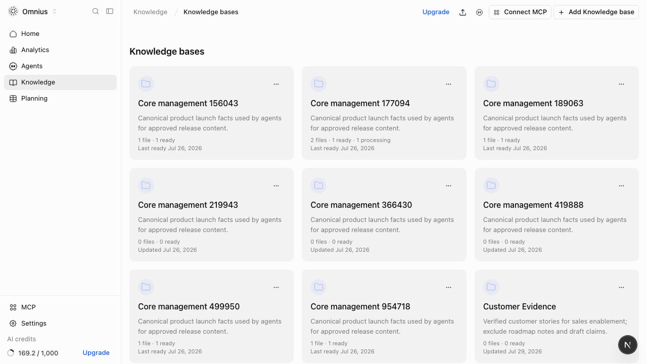 Project Knowledge page with knowledge bases, folders, concepts, and markdown detail panel