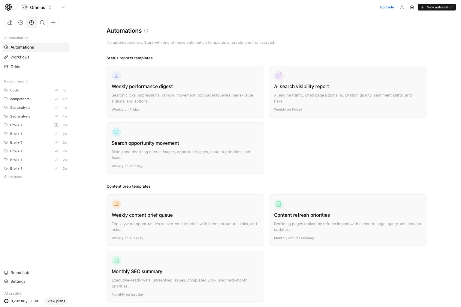Automations page with recurring agent conversation templates and automation cards