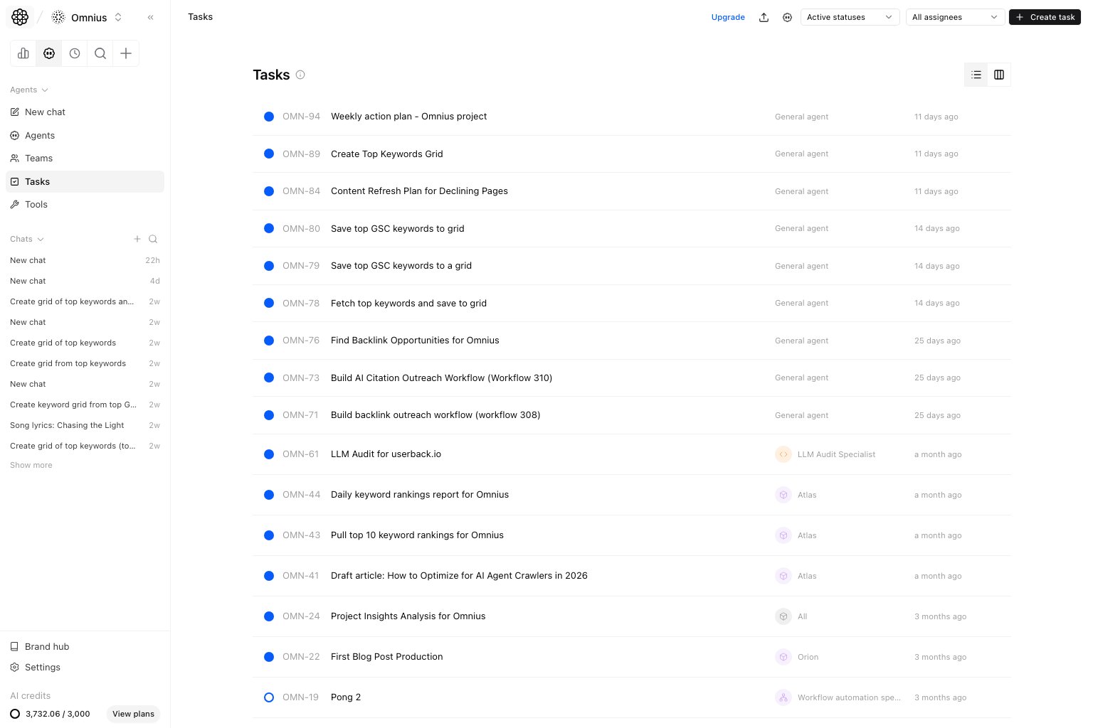 Tasks page with status filters, assignee filters, and task list area