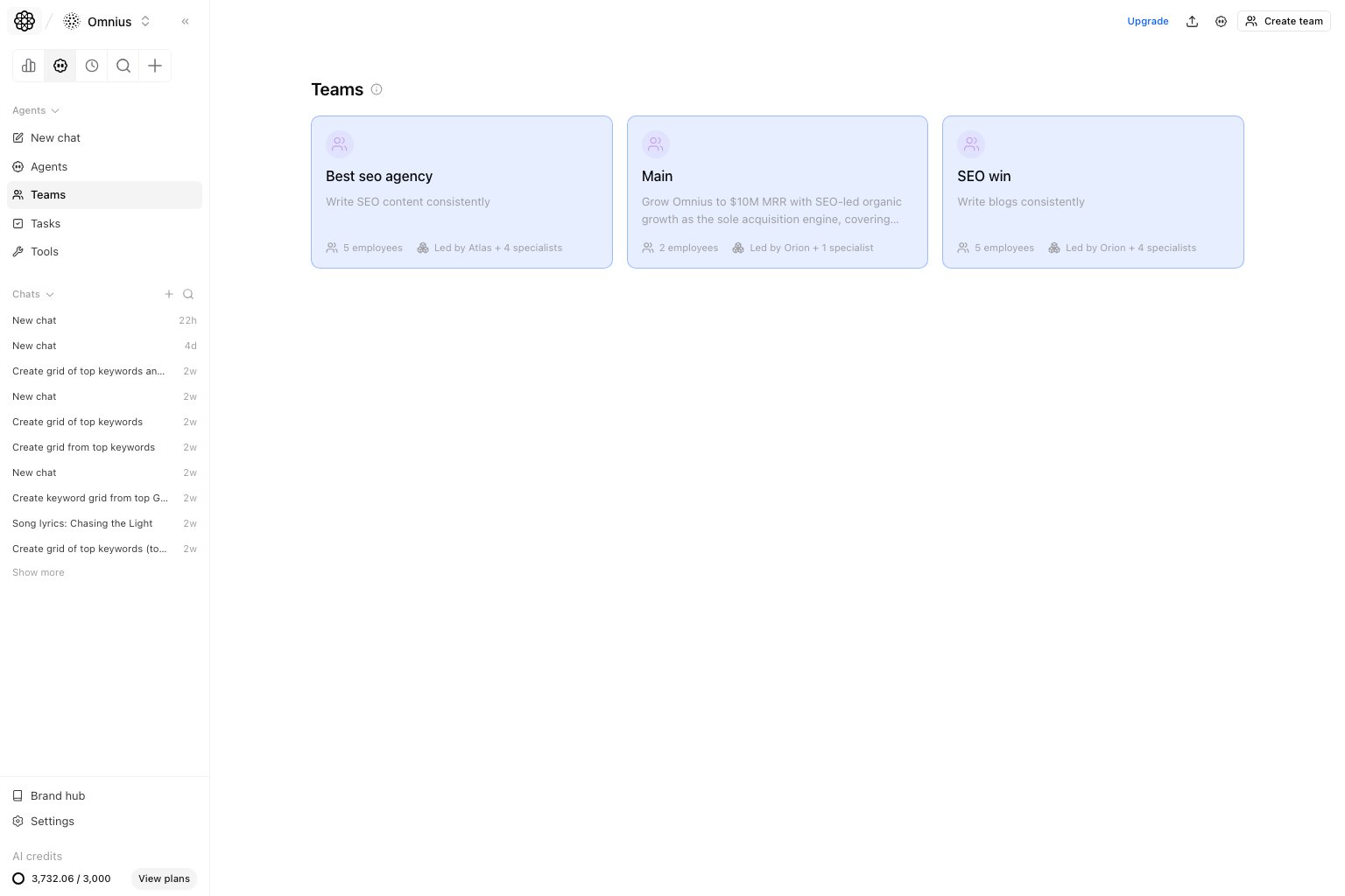 Teams page showing reusable AI teams in the automation section