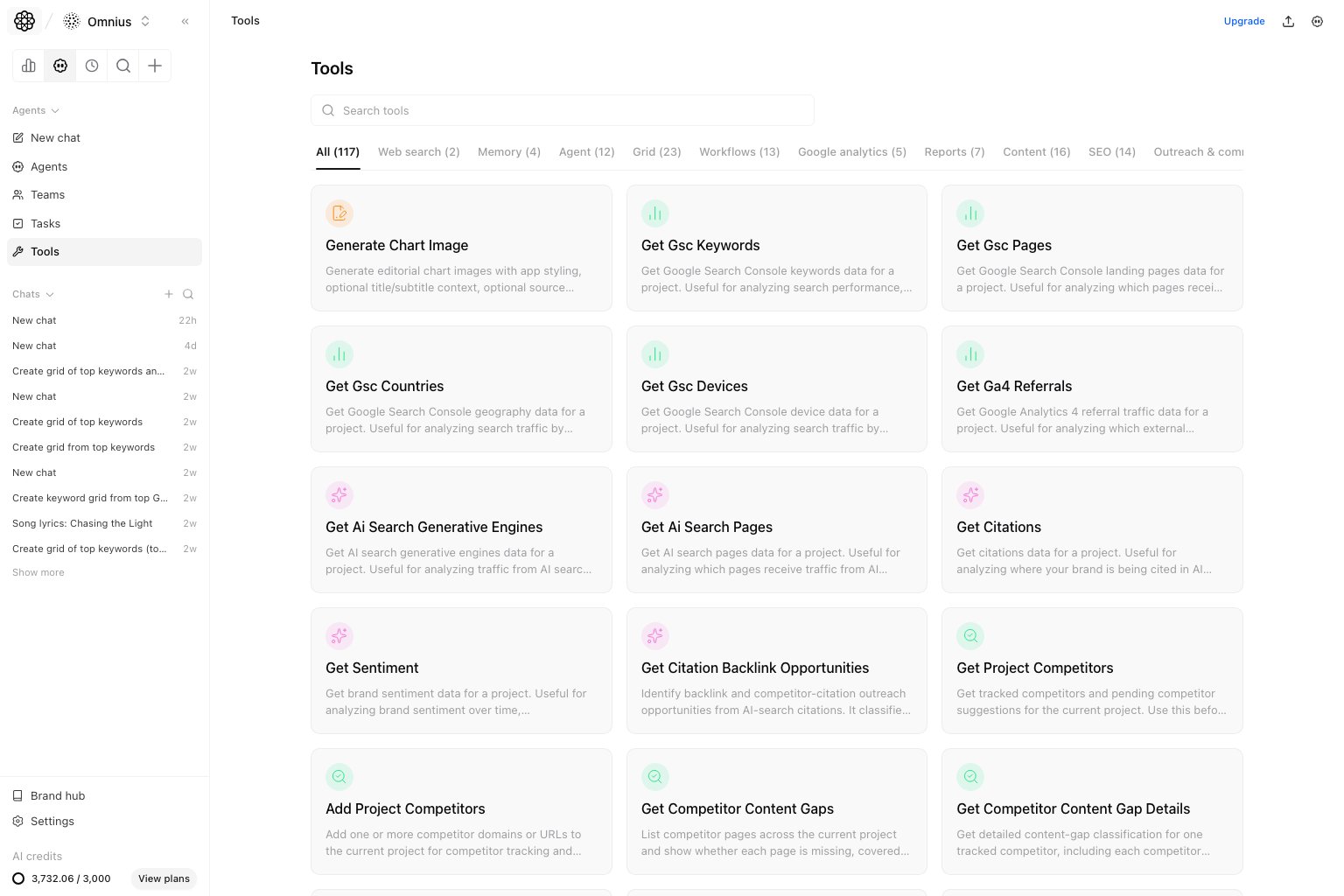 Tools page with categorized tool cards and direct execution support