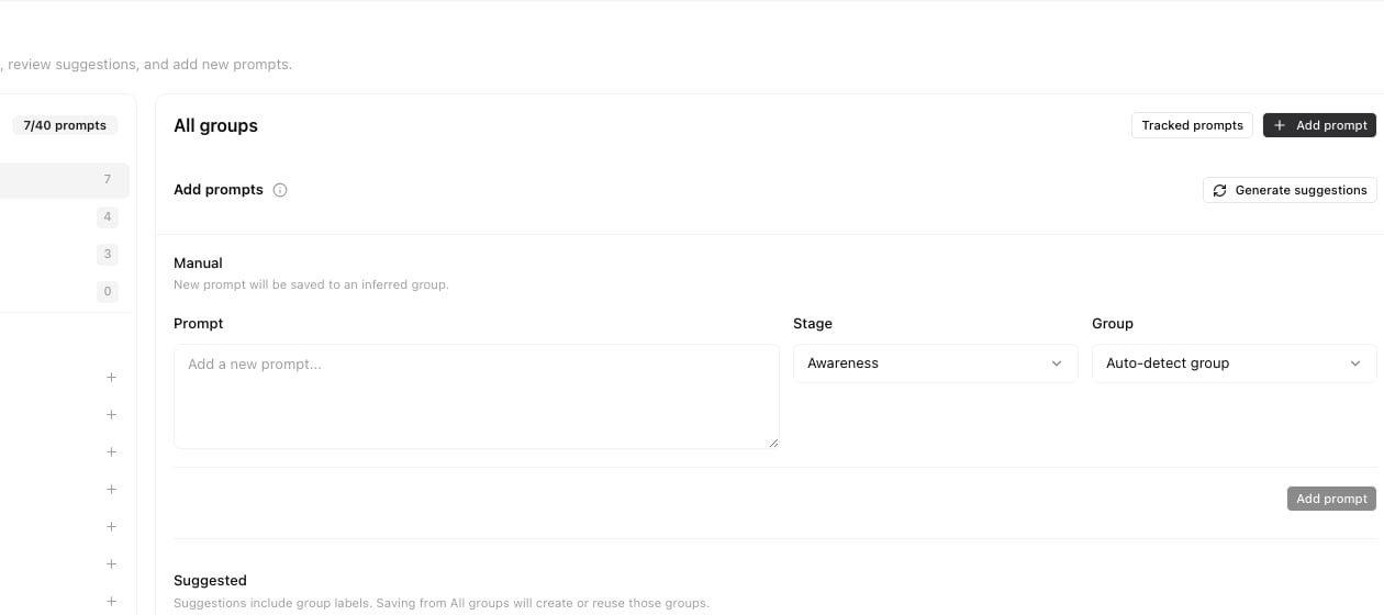 Manage prompts add workspace showing manual prompt textarea, stage selector, and Add prompt button