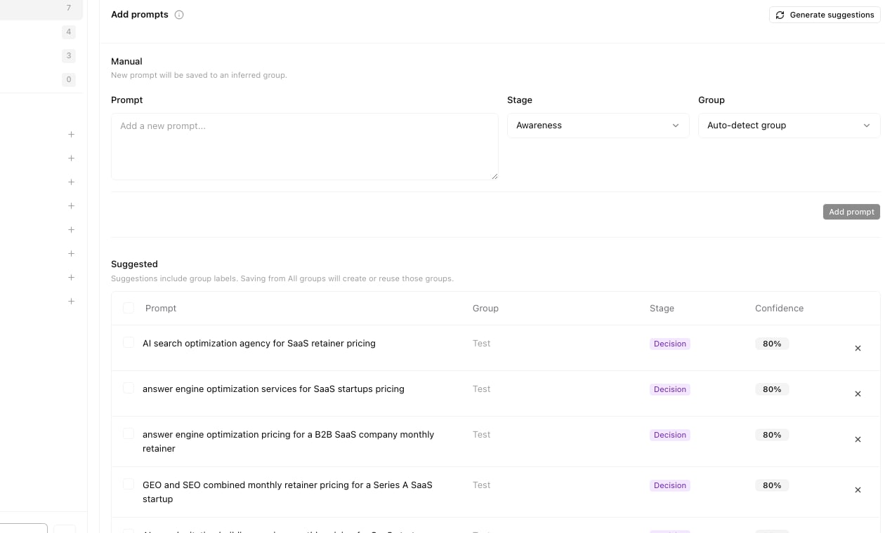Manage prompts add workspace with manual prompt fields at the top and suggested prompt list below
