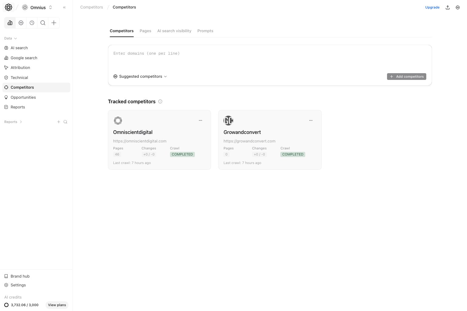 Competitors page with tracked competitor domains and crawl status