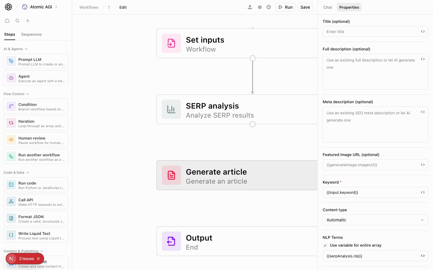 Generate article workflow step showing separate full description and meta description fields