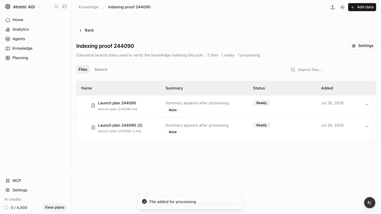 Knowledge file table showing an indexed markdown file and its row actions