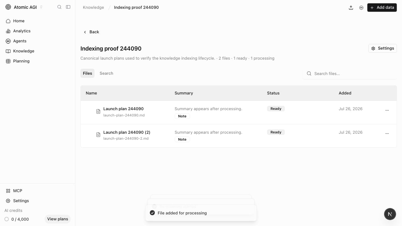 Knowledge file table showing an indexed markdown file and its row actions