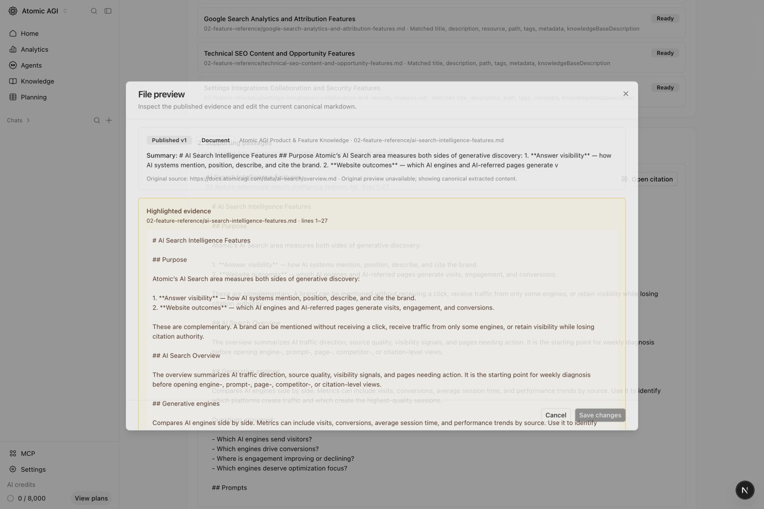Knowledge search showing candidate files, supporting passages, and a resolved published citation