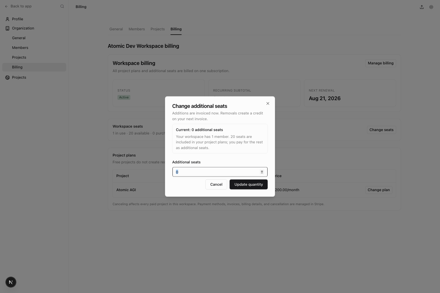 Change additional workspace seats dialog with quantity and recurring price