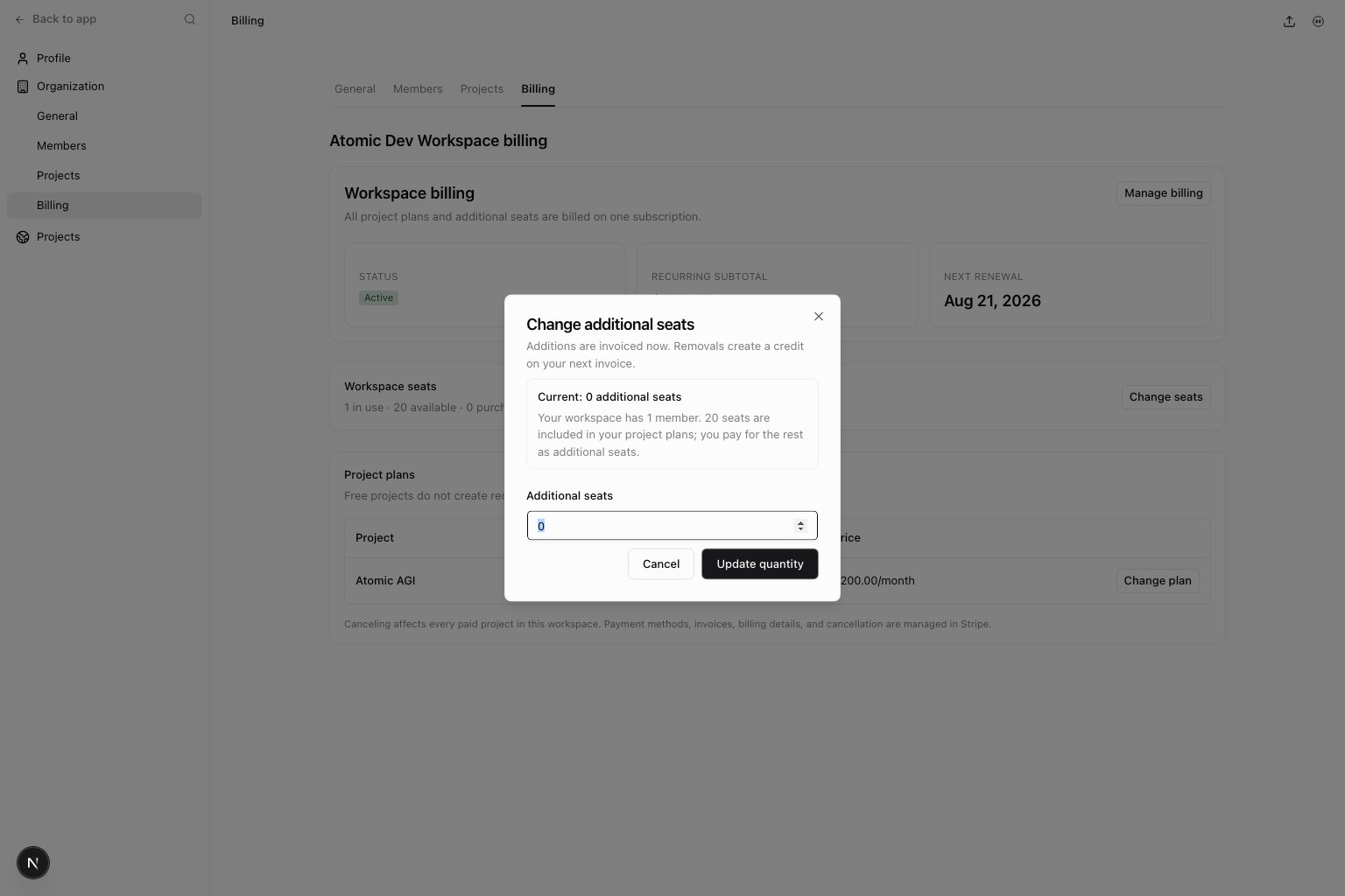 Change additional workspace seats dialog with quantity and recurring price