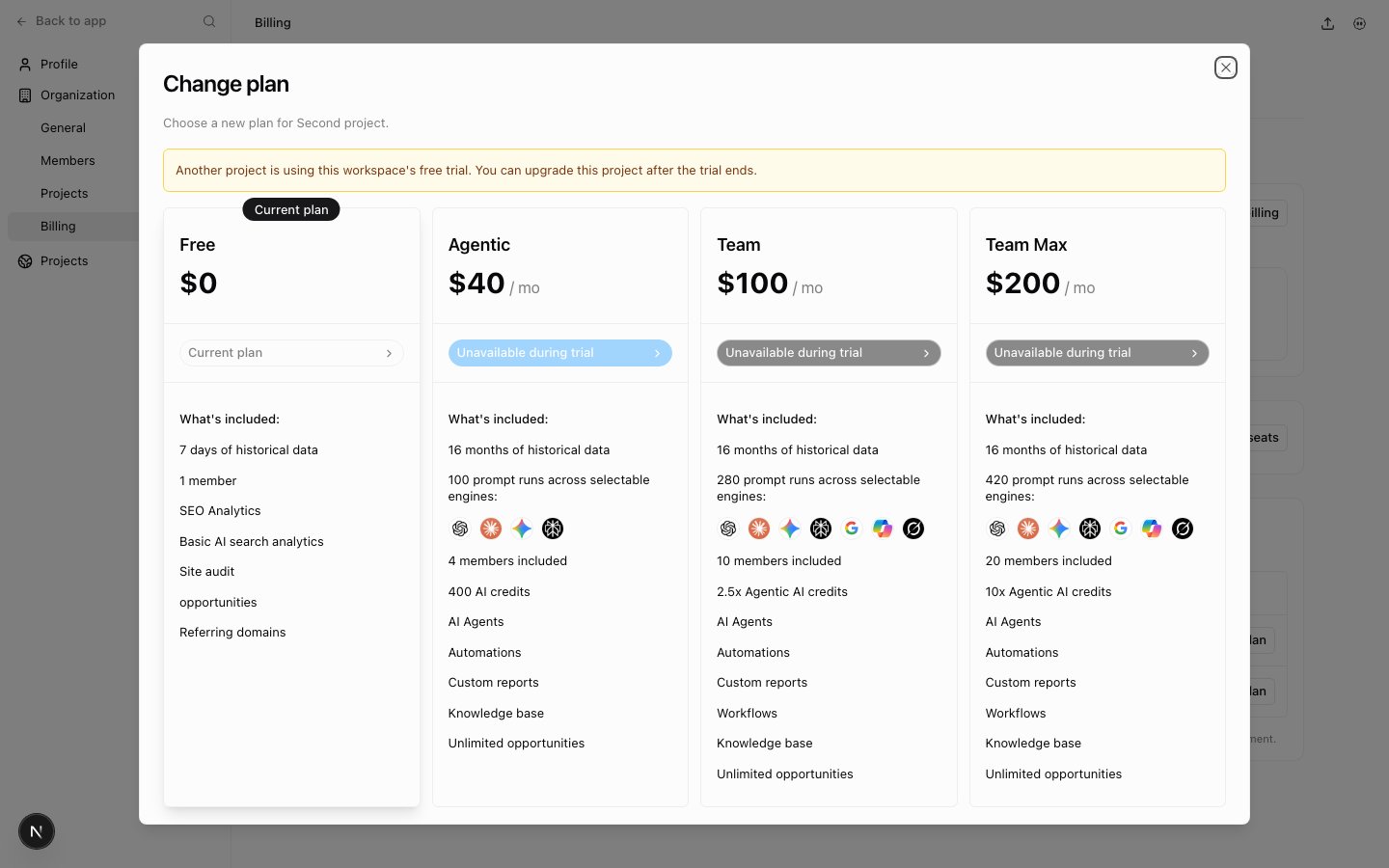 Upgrade dialog explaining that another project cannot become paid while the workspace trial is active