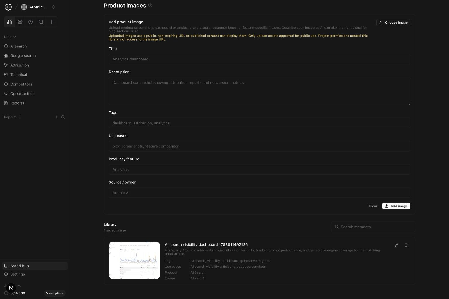 Project Product Images settings with upload metadata fields, search, and saved product images