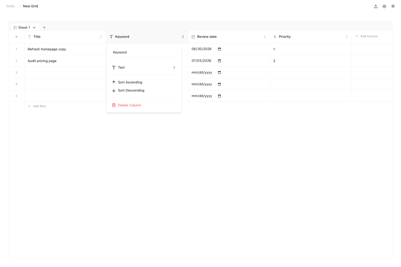 Grid column menu with rename, type, sort, and delete controls