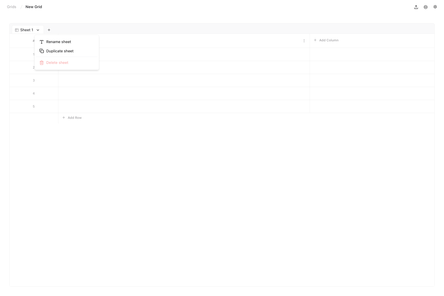 Sheet menu with rename, duplicate, and delete controls