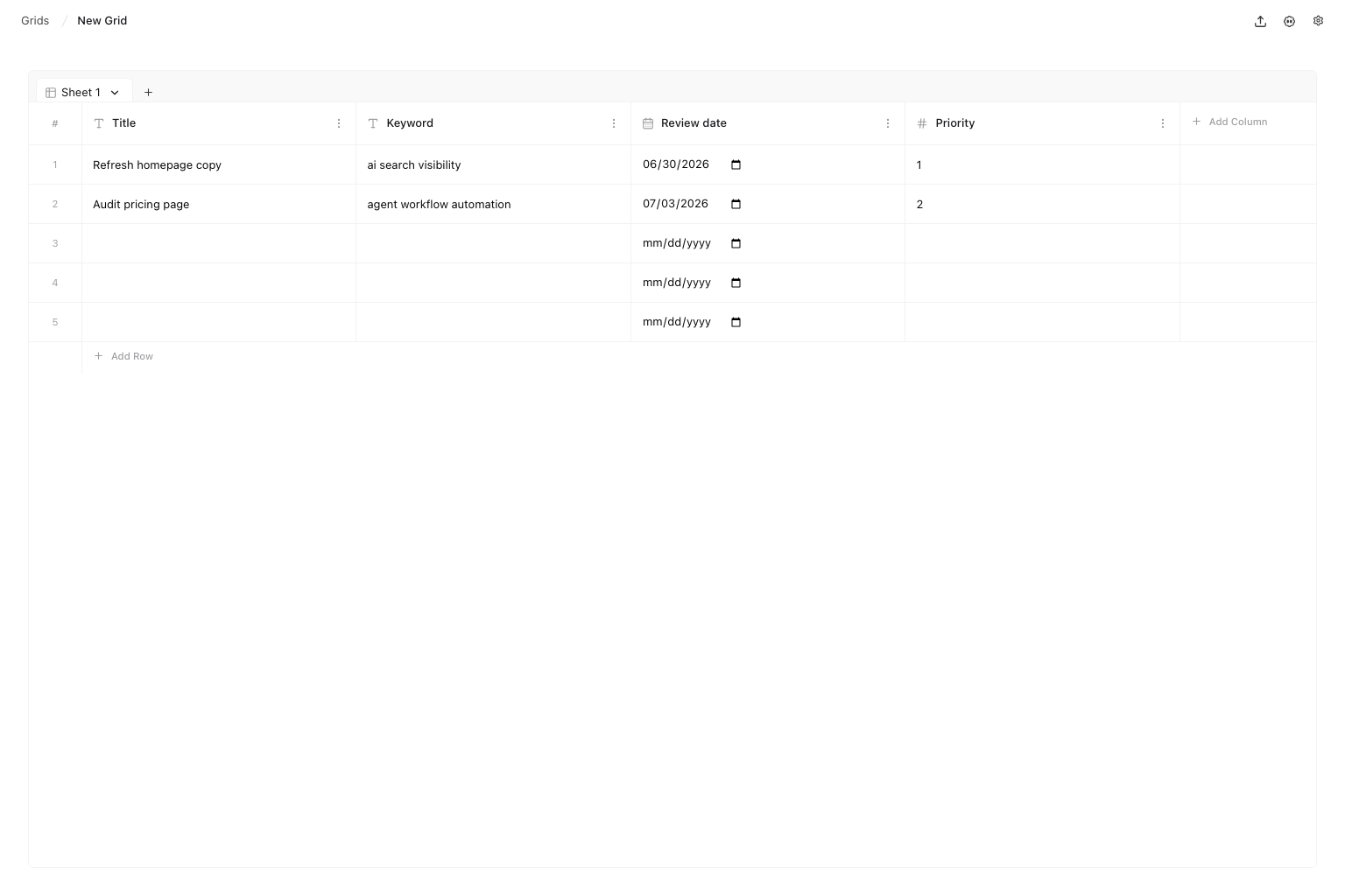 Grid workspace with Title, Keyword, Review date, and Priority columns