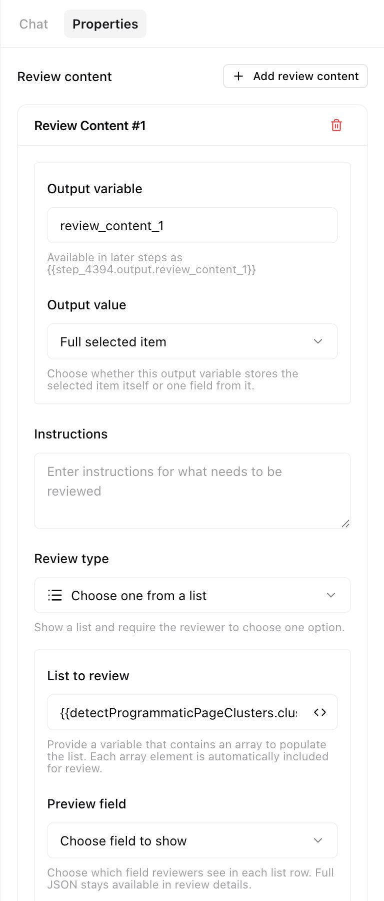 Workflow editor Human review step with output variable and output value settings grouped together