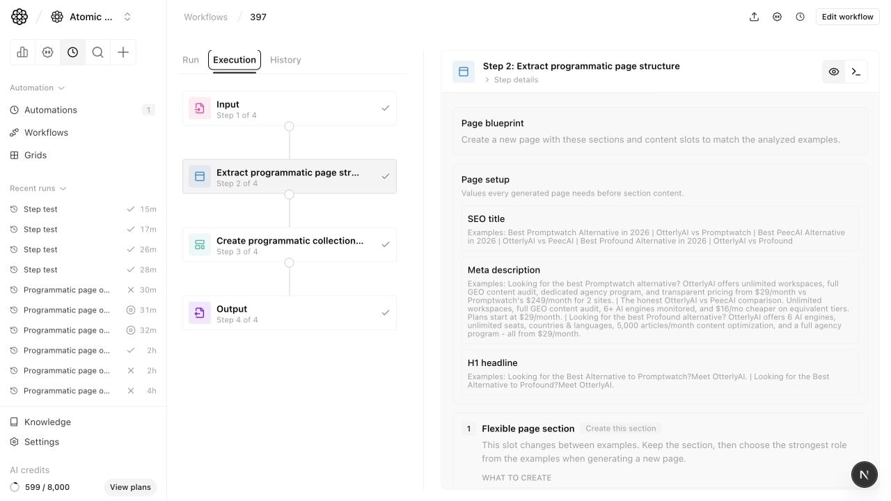 Workflow output showing the programmatic page blueprint with page setup fields and section cards