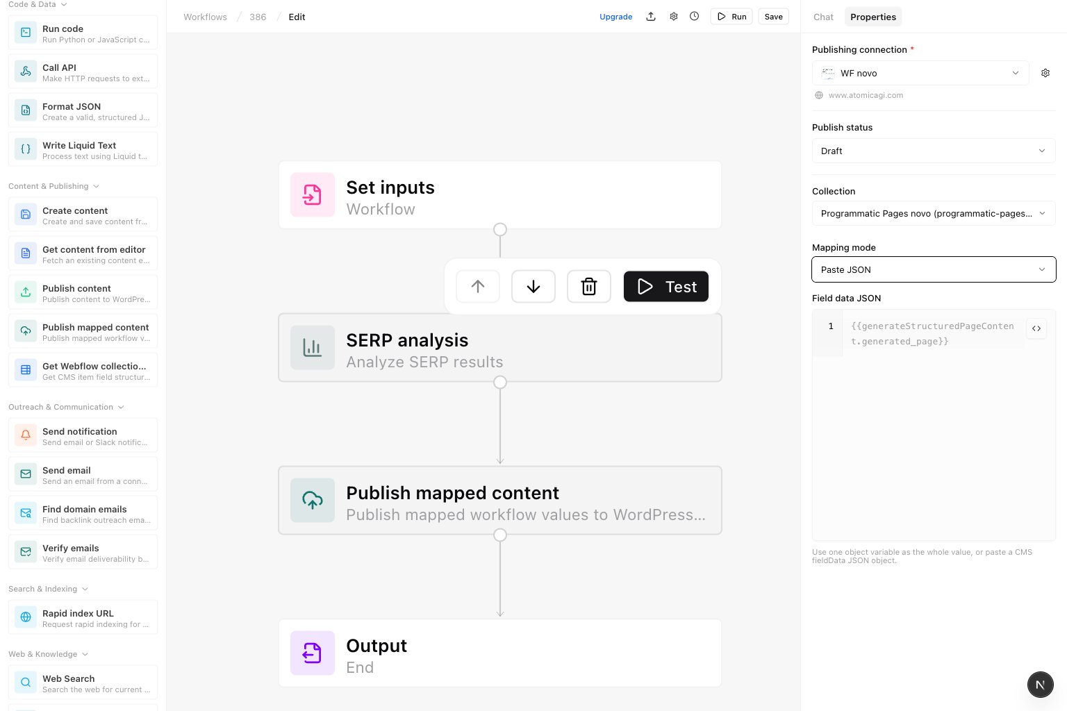 Workflow editor Publish mapped content step with Paste JSON mapping mode selected