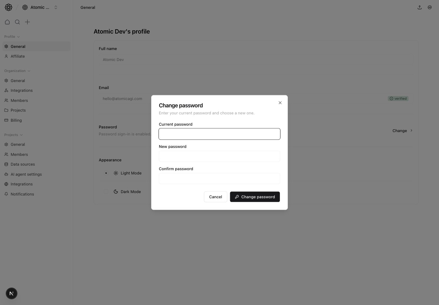Password dialog opened from profile general settings