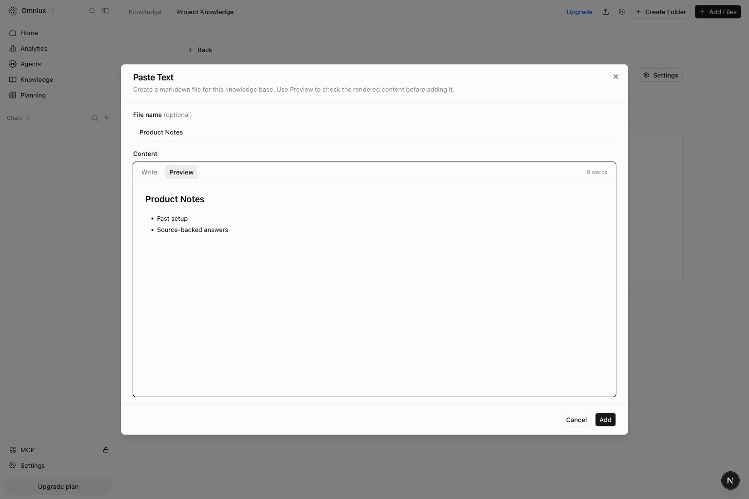 Paste Text dialog showing a markdown file in Preview mode