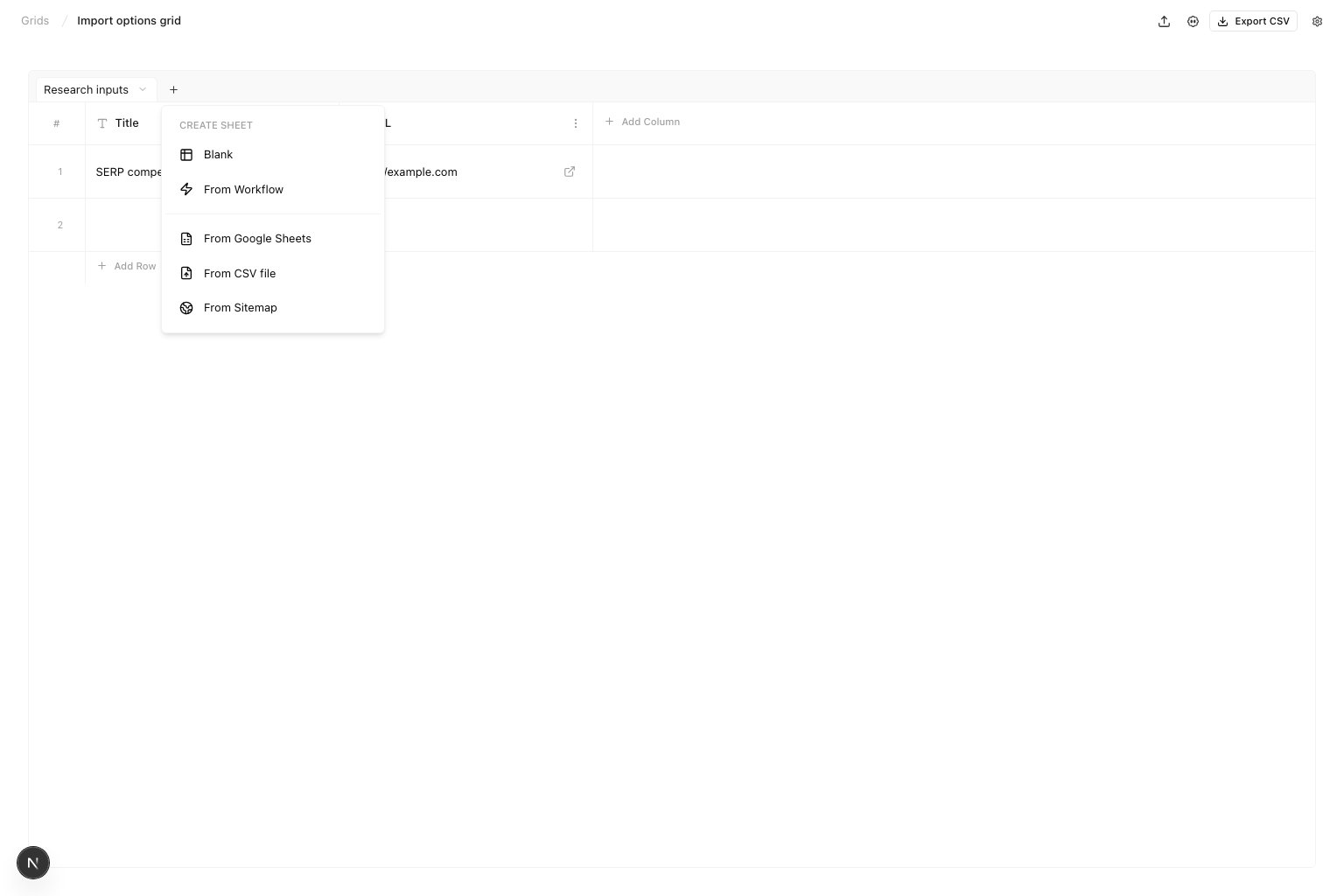 Create sheet menu with Blank, From Workflow, From Google Sheets, From CSV file, and From Sitemap options