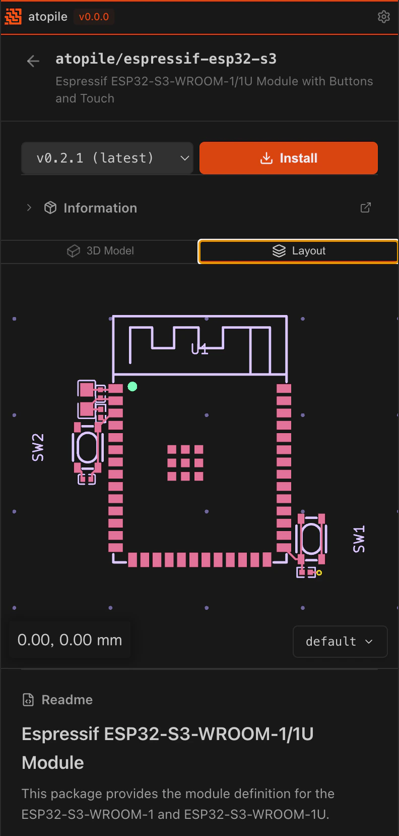 Package overview showing ESP32-S3 layout and install button