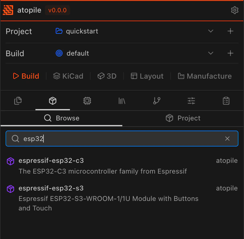 Package search showing ESP32 results