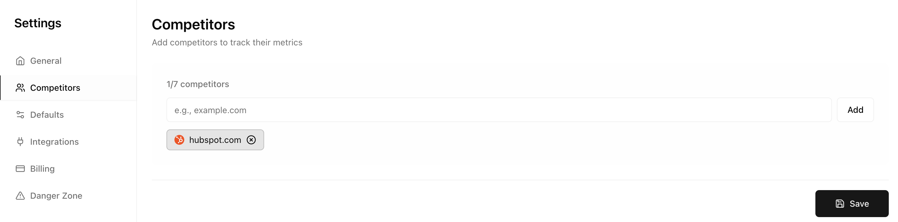 Adding competitors in Settings