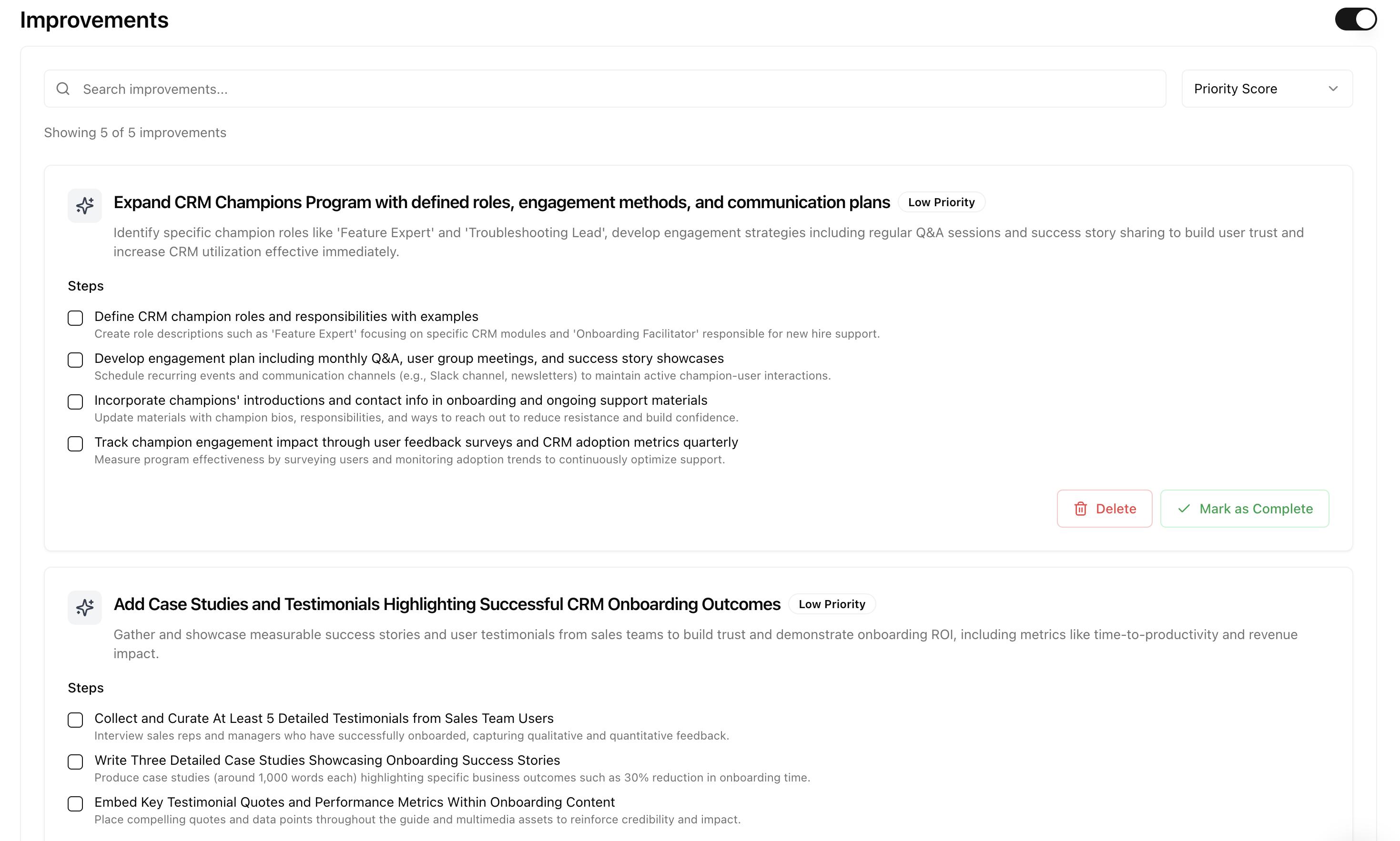 Improvements section showing recommended pages