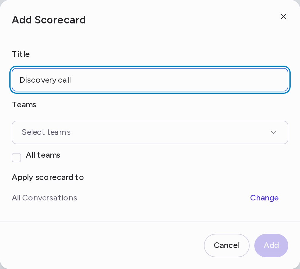 The Add Scorecard dialog with Title, Teams, All teams and Apply scorecard to