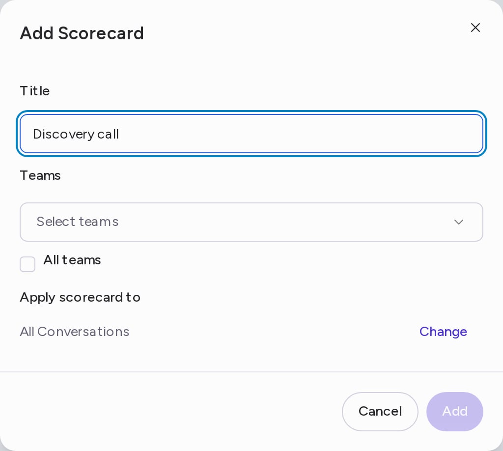 The Add Scorecard dialog with Title, Teams, All teams and Apply scorecard to
