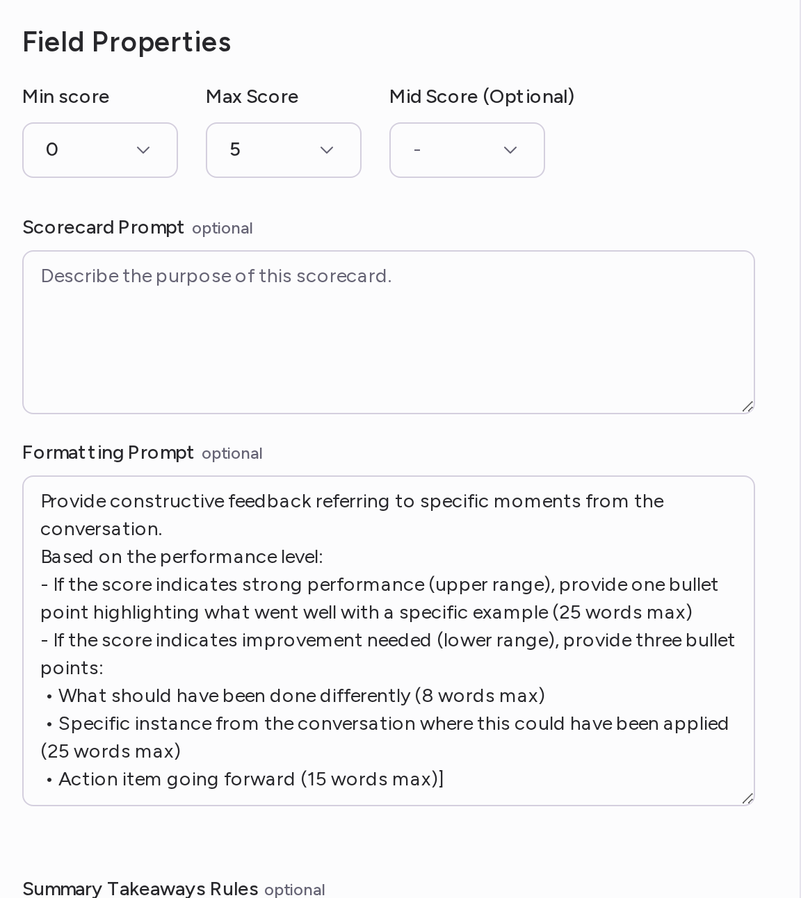 The Field Properties section of a template with the score range, Scorecard Prompt, Formatting Prompt and Summary Takeaways Rules