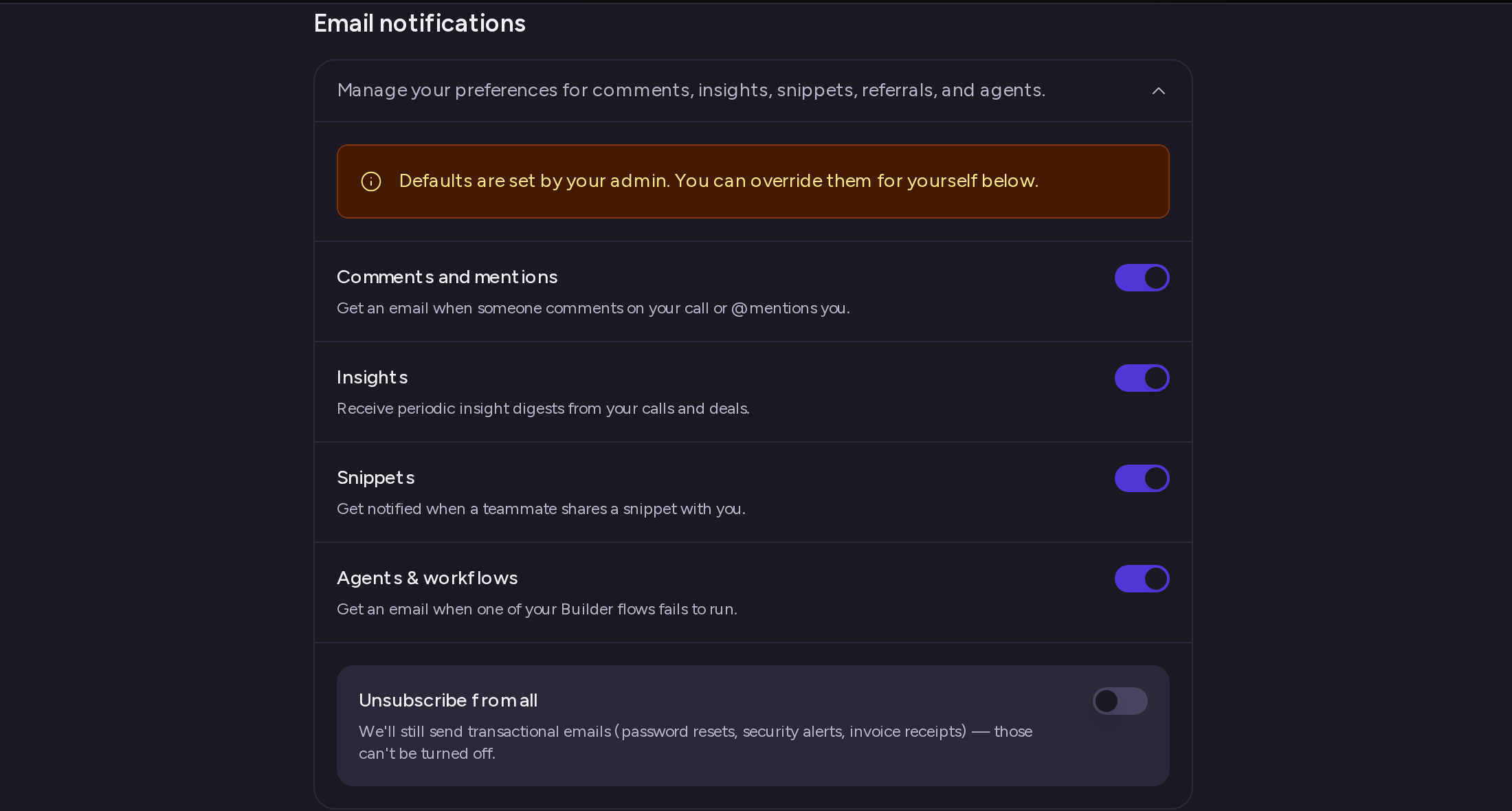The expanded Email notifications card with the admin-defaults banner, the category rows and their switches, and the Unsubscribe from all card at the bottom; no overrides