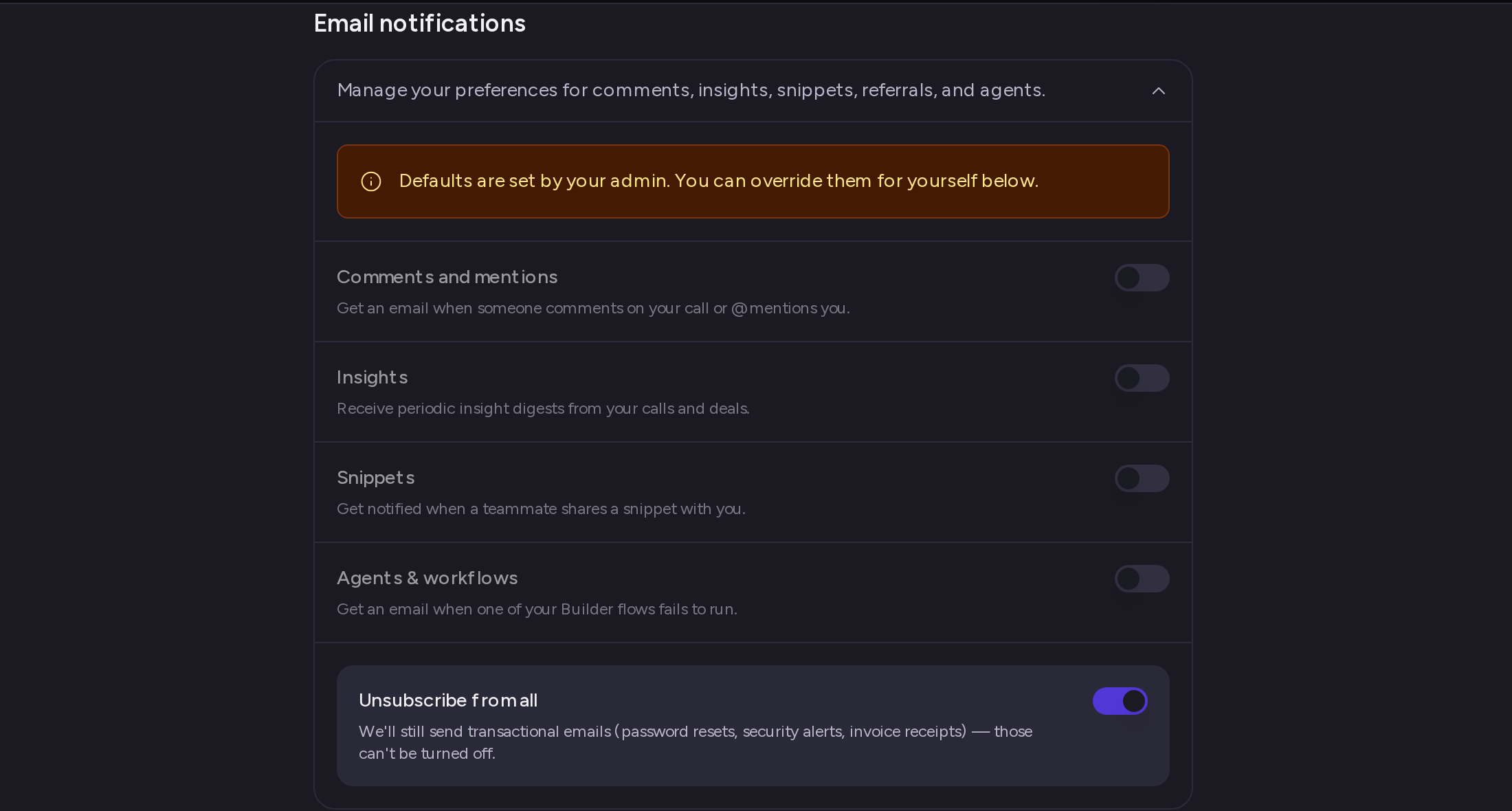 Unsubscribe from all switched on, with the category rows dimmed and their switches off