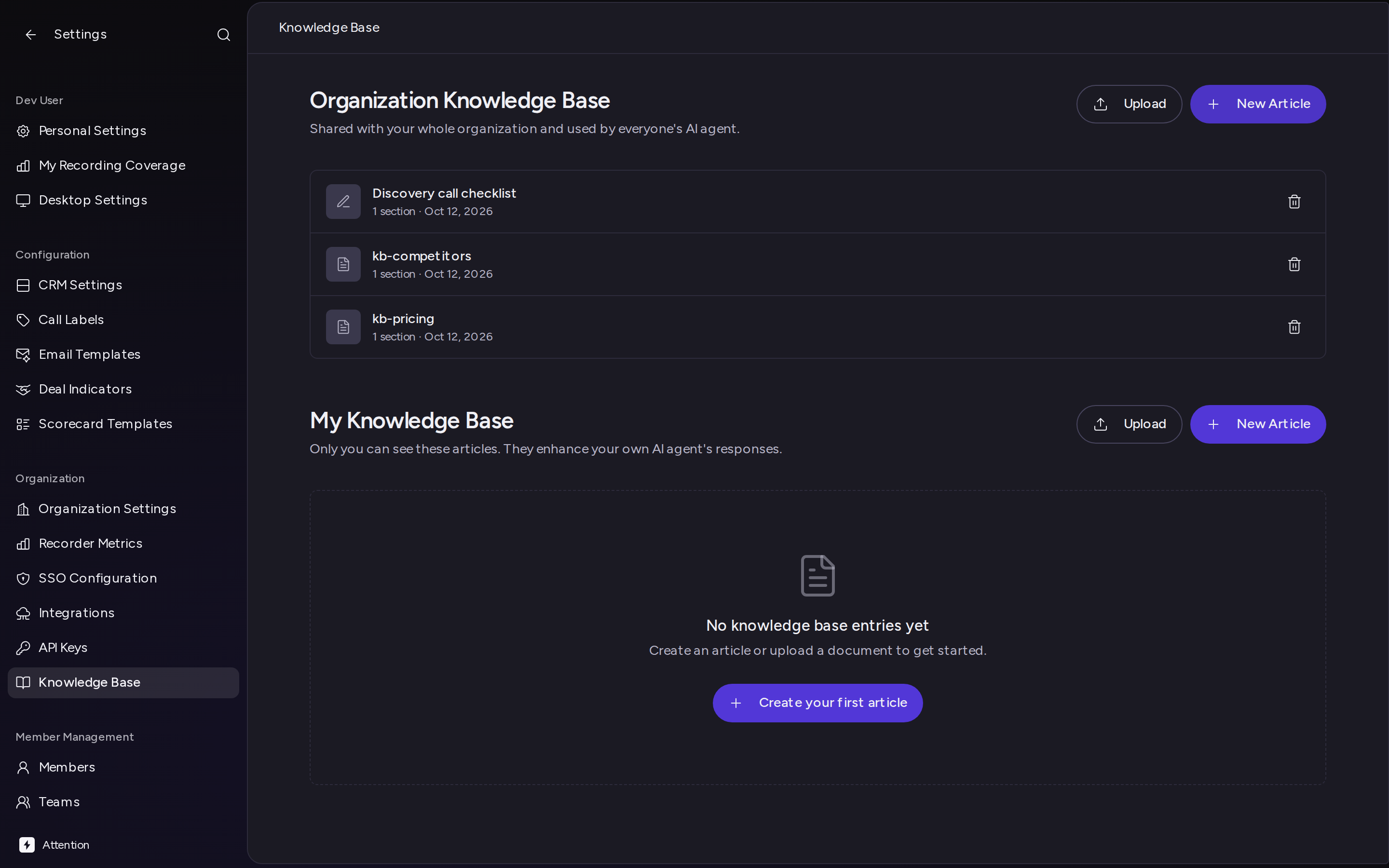 The Knowledge Base page with the Organization Knowledge Base and My Knowledge Base sections