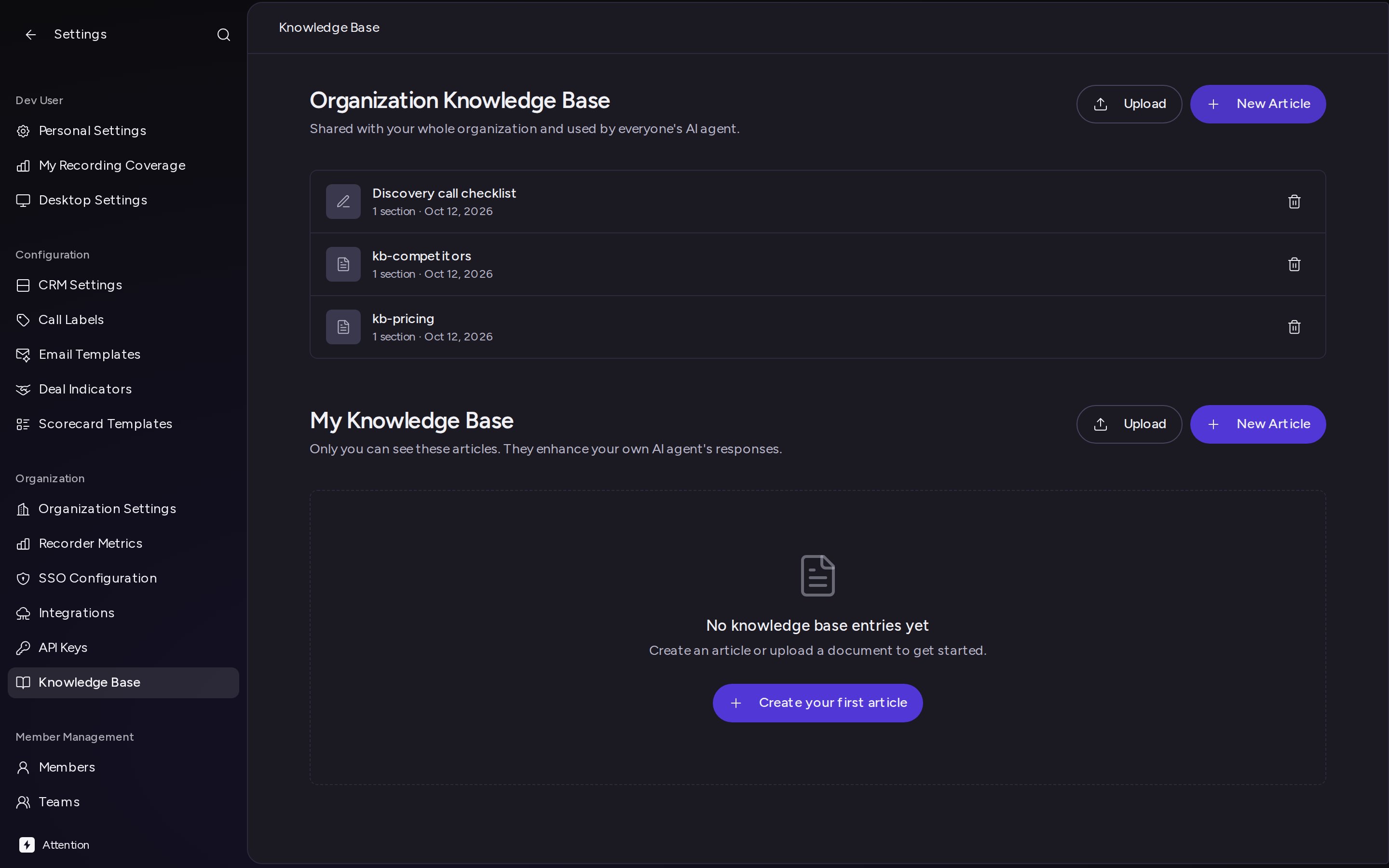 The Knowledge Base page with the Organization Knowledge Base and My Knowledge Base sections