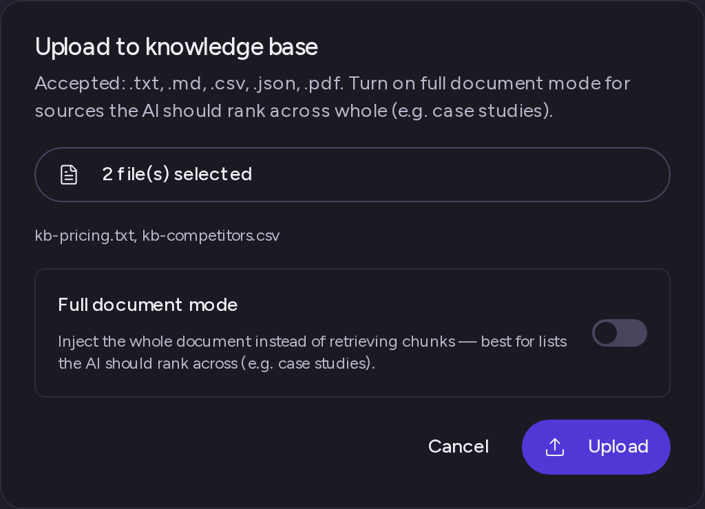 The Upload to knowledge base dialog with Choose files and two files selected