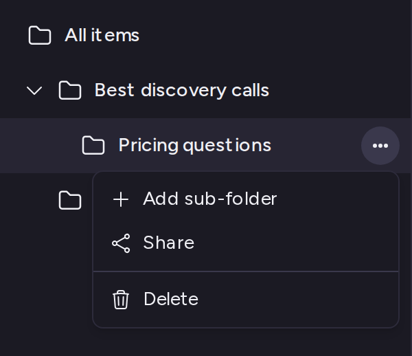 The folder menu with Add sub-folder, Share and Delete