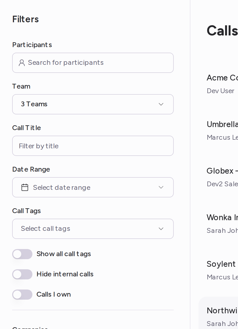 The Filters panel on All Calls