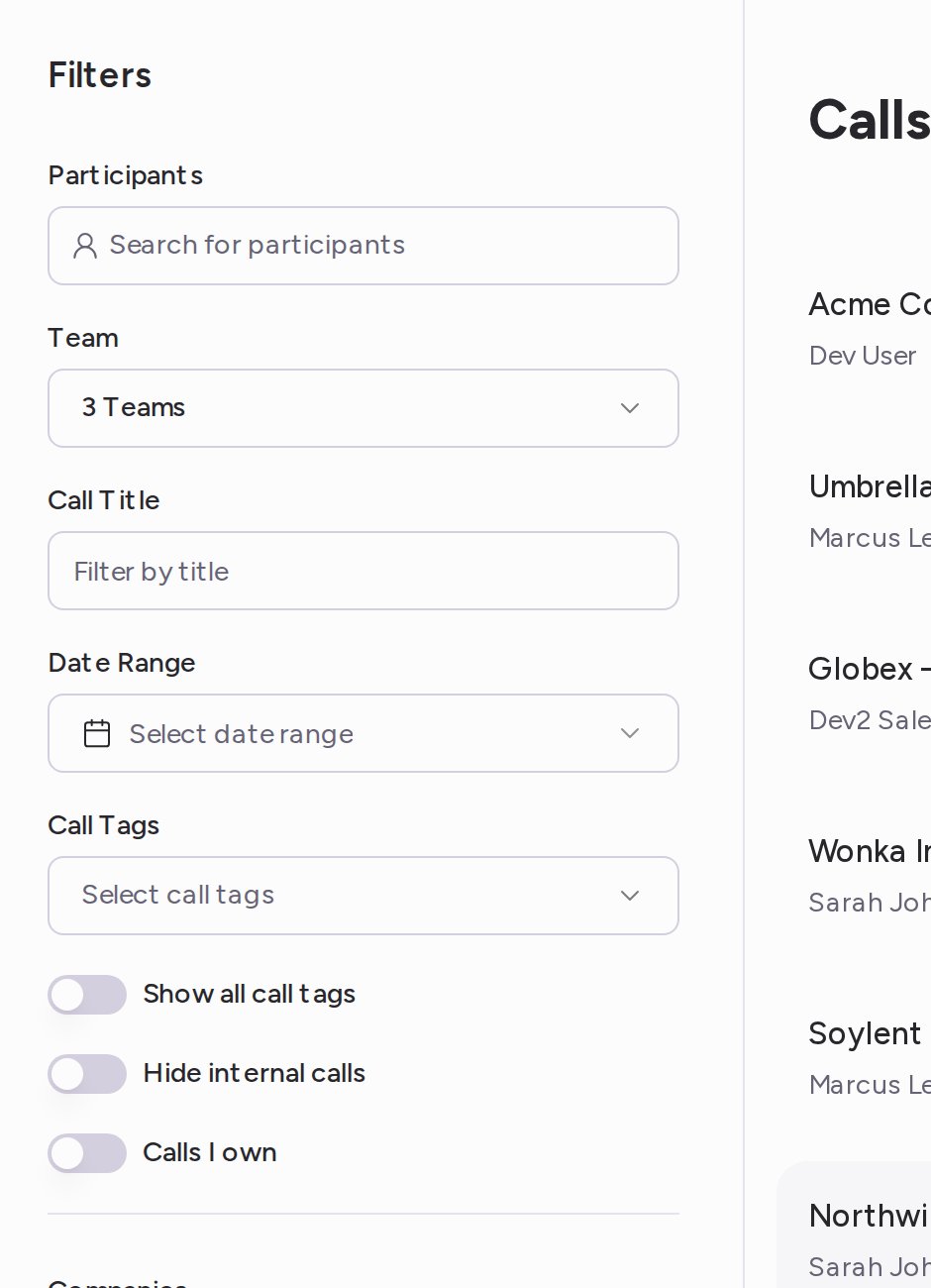 The Filters panel on All Calls