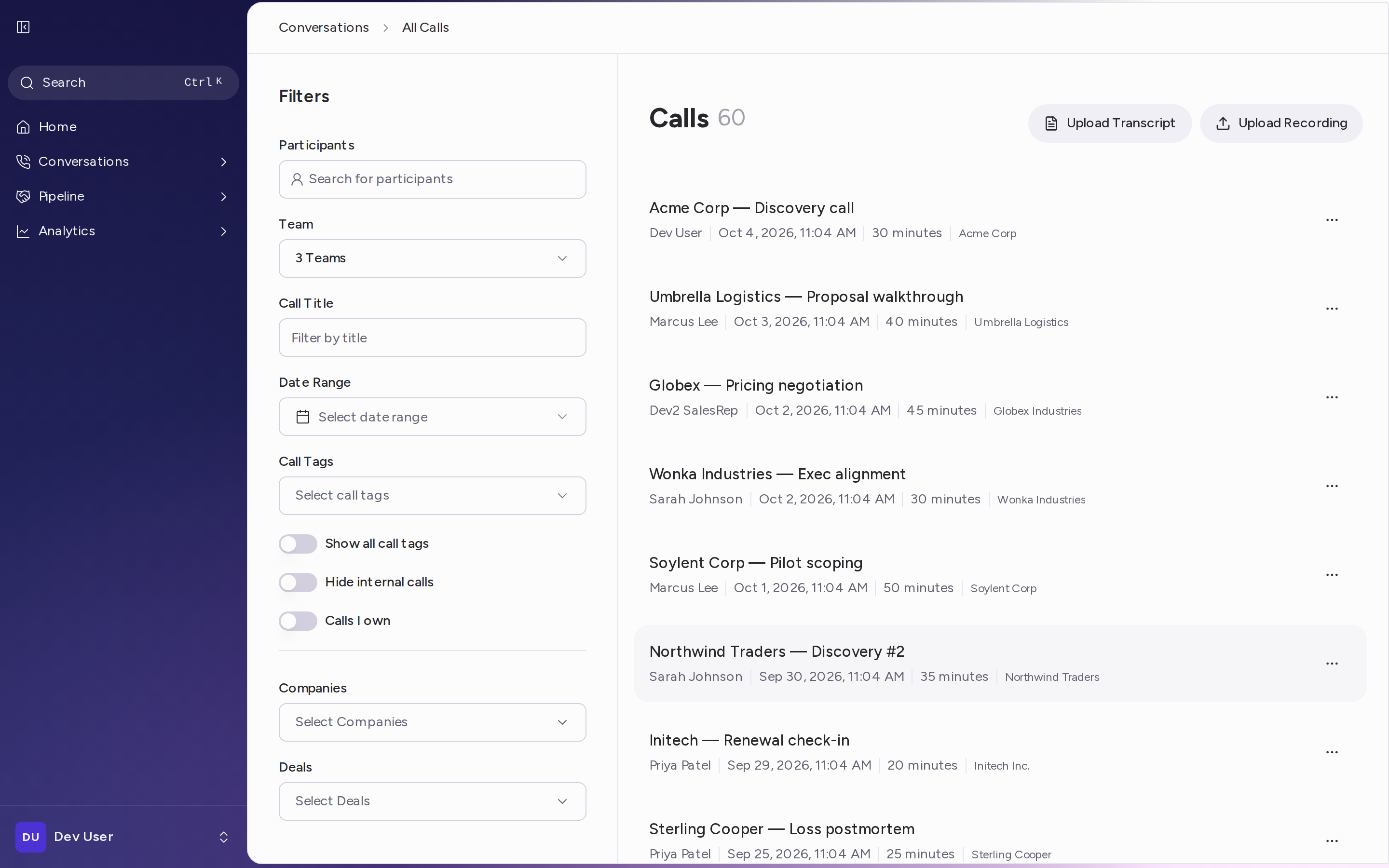 The All Calls page with the Filters panel and the list of calls