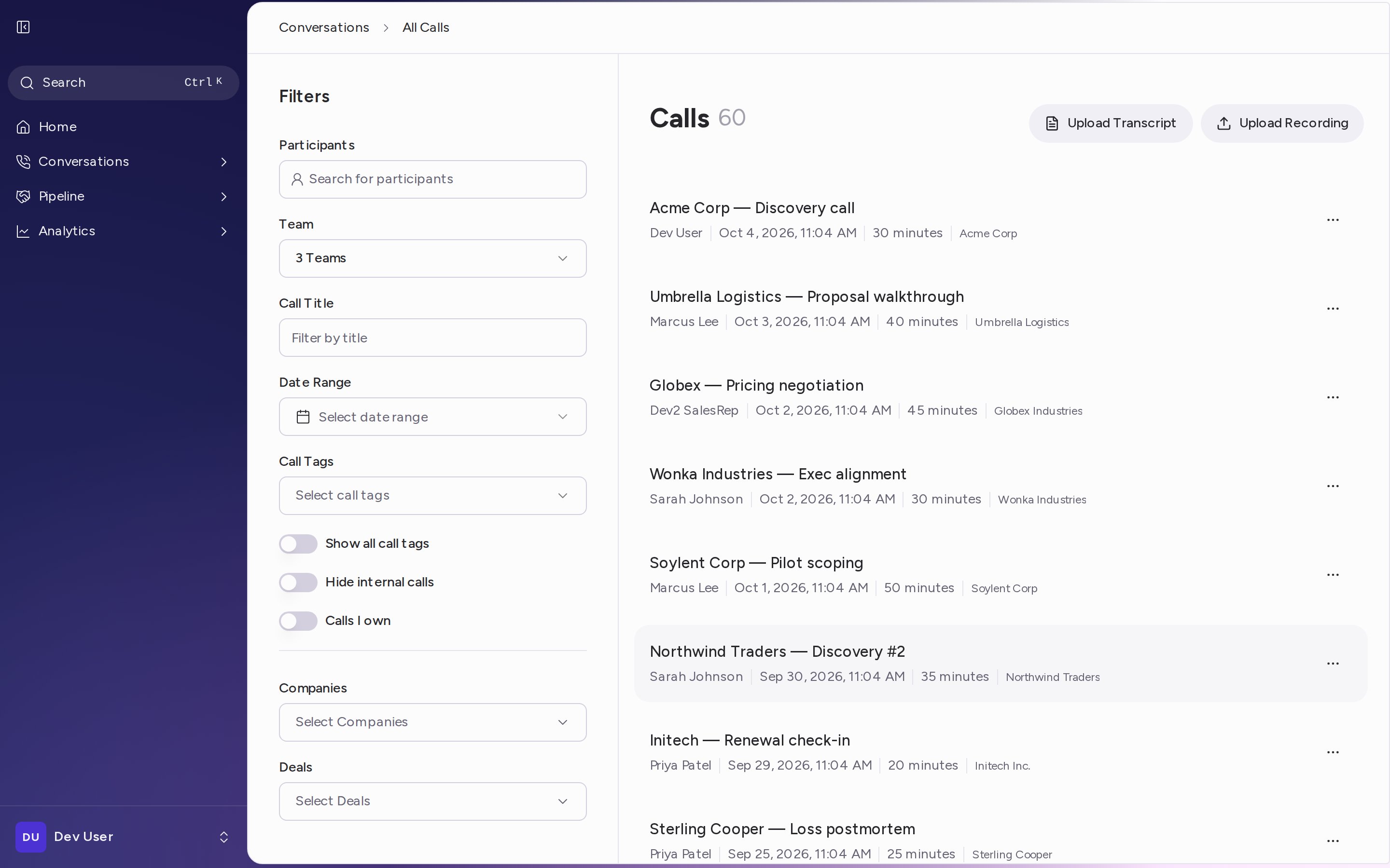 The All Calls page with the Filters panel and the list of calls