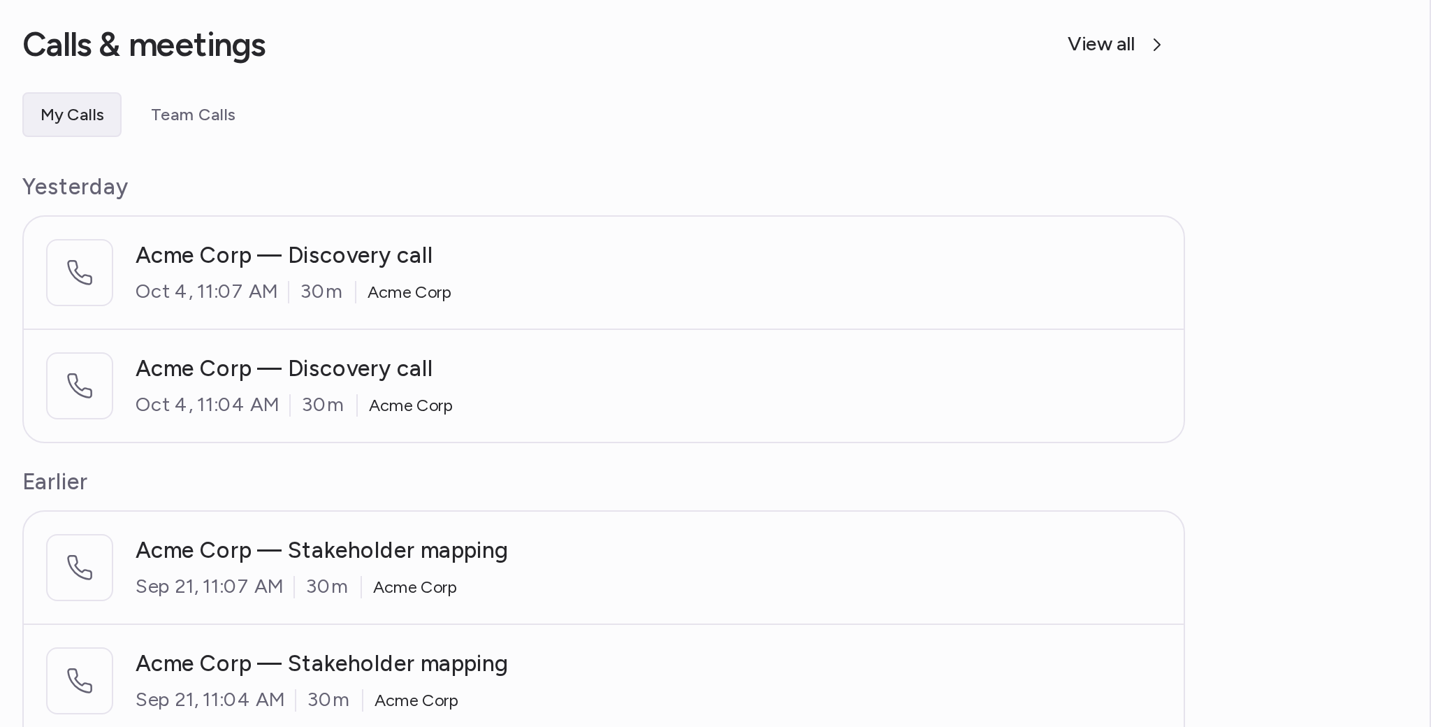 The Calls & meetings section on the My Calls tab