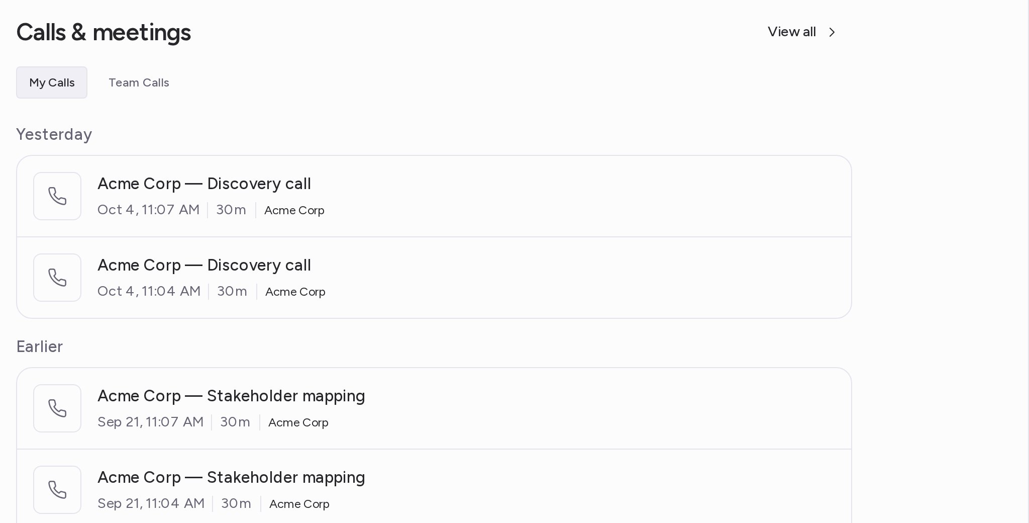 The Calls & meetings section on the My Calls tab