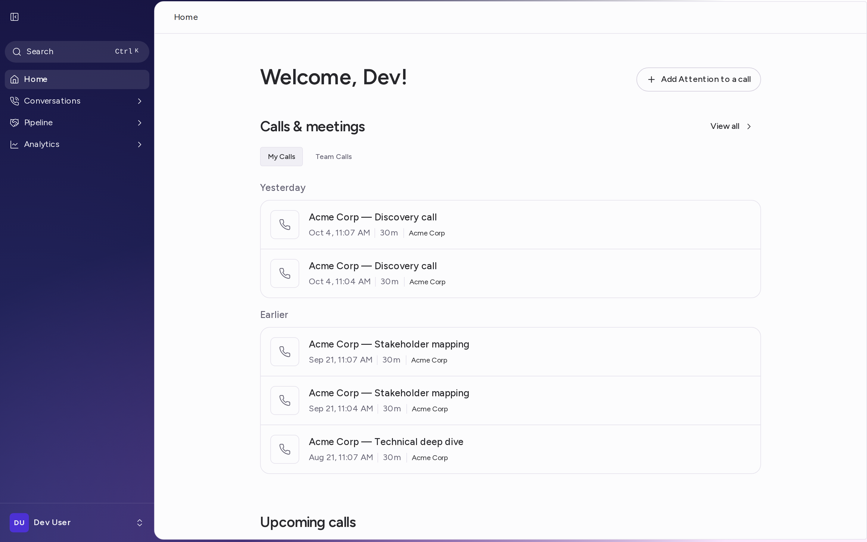 The Home page with Welcome, Calls & meetings and Upcoming calls