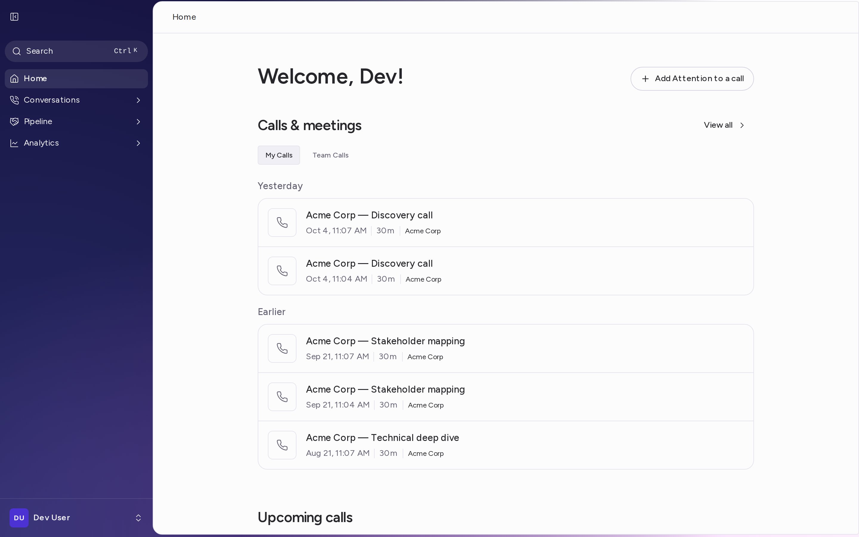 The Home page with Welcome, Calls & meetings and Upcoming calls